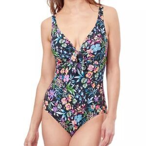 Gottex Flora Floral Tie Front black V-neck Shirred One Piece Swimsuit Size 12